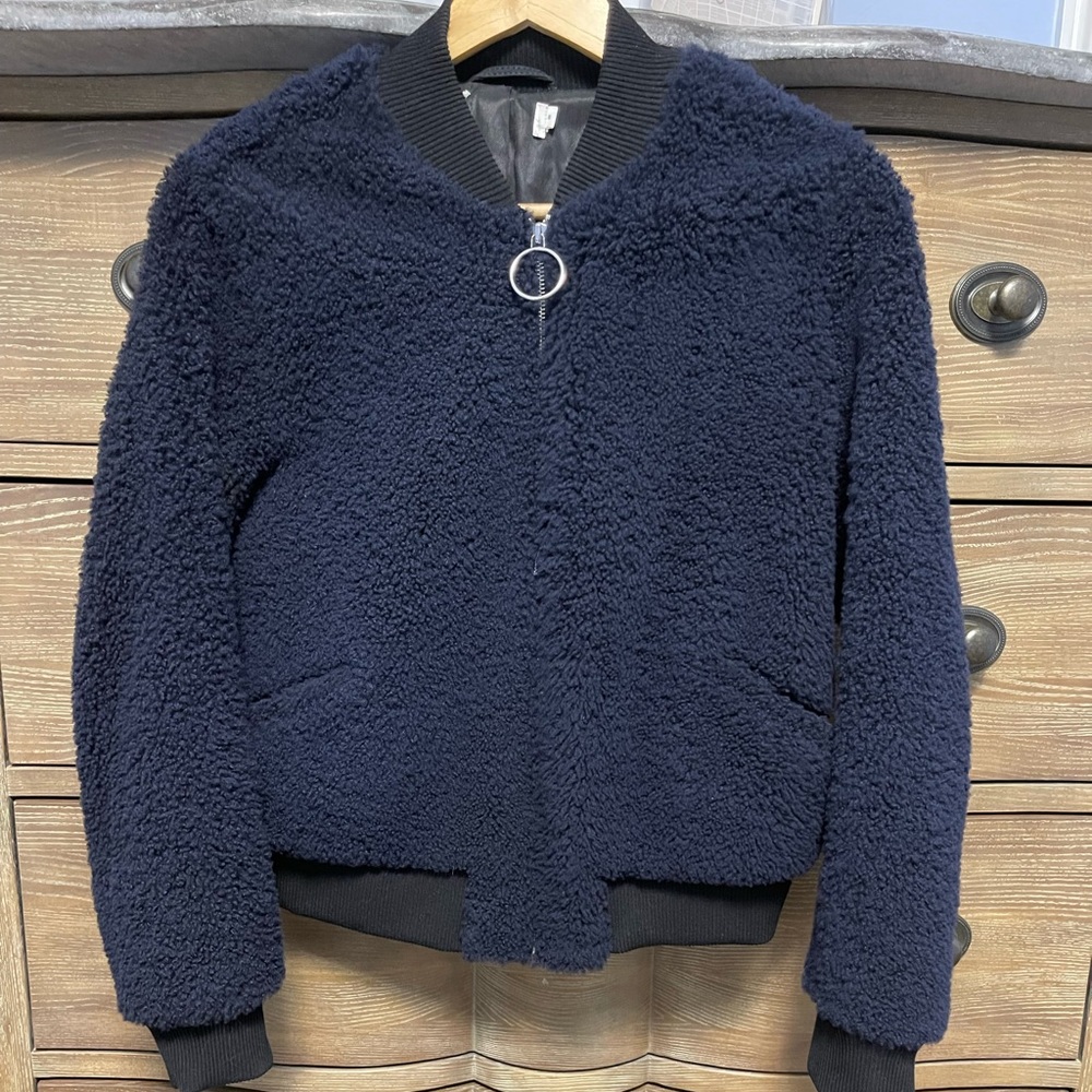 A.L.C. Navy blue shearling bomber jacket.